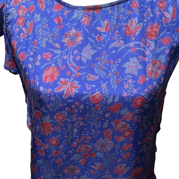 Anthropologie Antik Batik Blue Floral Silk Ruffle Cap Sleeve Blouse Size Small - Picture 14 of 15